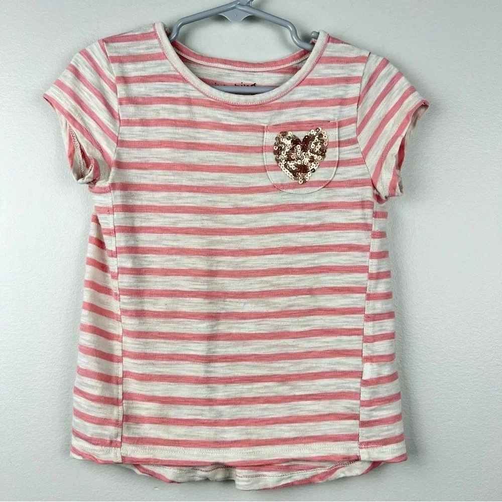 Jumping Beans Girls Pink White‎ Striped Sequin Heart Pocket T-Shirt Size 4